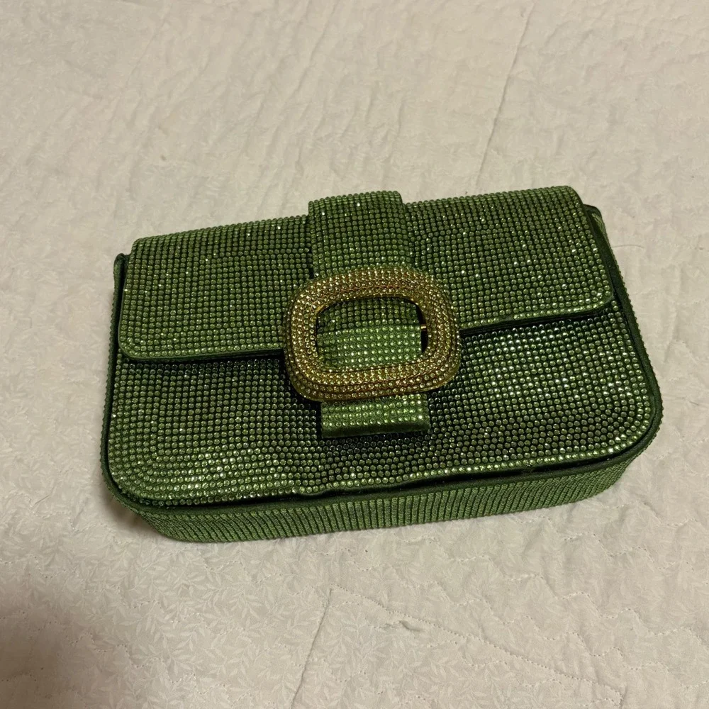 Zara Green Rhinestone Mini Crossbody Bag Emerald Crystal Buckle Evening Clutch